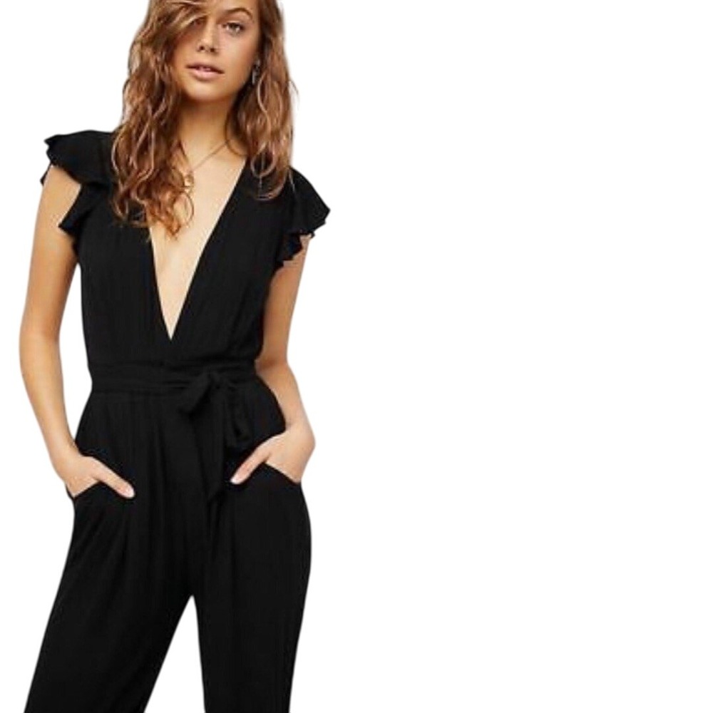 Free People Women's Jumpsuit Black Button‎ Front Flutter Sleeve Casual